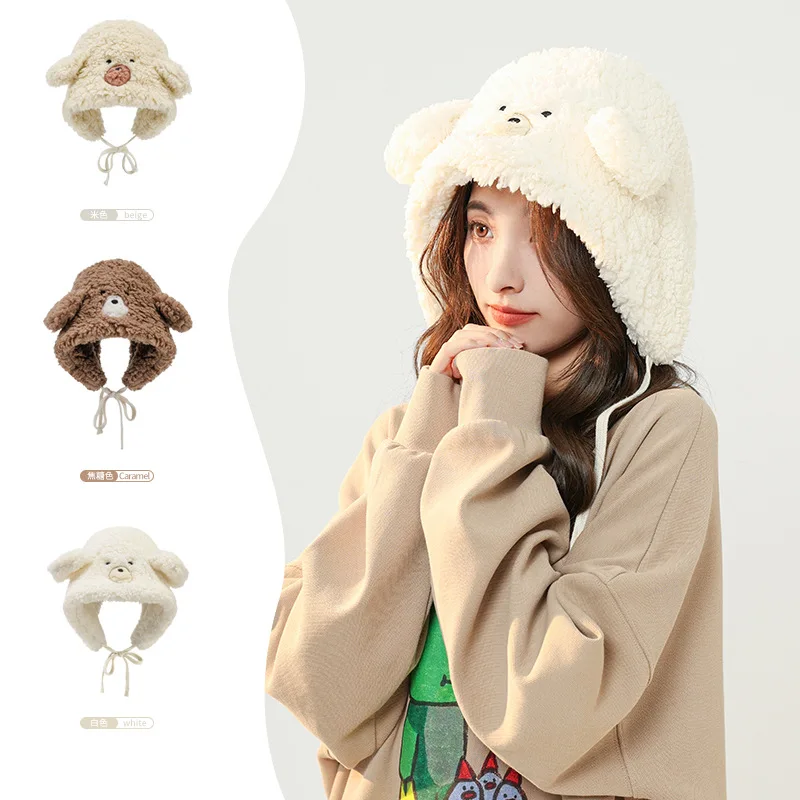 

Korean Fashion Winter Beanies Caps For Women Warm Cute Bear Ear Hat Casual Plush Hat Scarf Set Casual Solid Female Caps Present