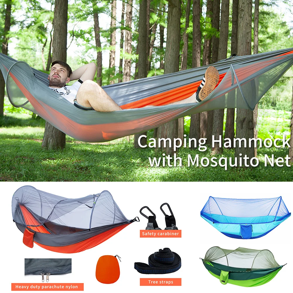 

290x140cm Portable Automatic Quick-opening Camping Mosquito Net Hammock Outdoor Insect Proof Anti-rollover Nylon Hammock Swing