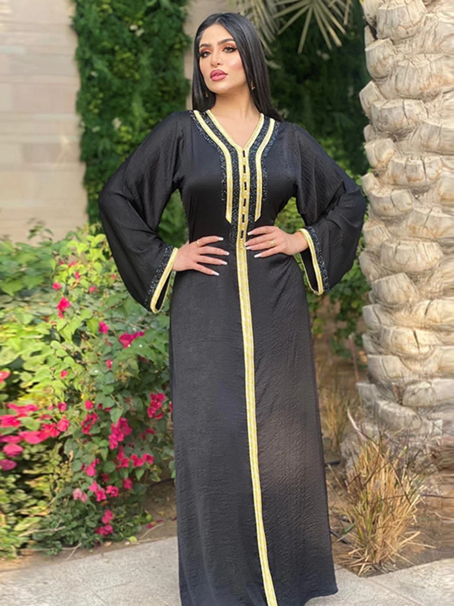 

Fashion Muslim Hijab Dress Eid 2021 Elegant Women Black Diamond Ribbon Moroccan Kaftan Turkey Arabic Islamic Clothing