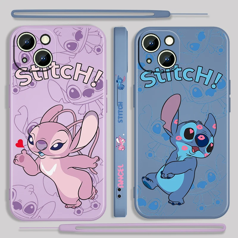 

Cute Stitch Lilo For Apple iPhone 14 13 12 Mini 11 Pro XS MAX XR X 8 7 6S Plus Liquid Left Rope Soft Phone Case Coque Capa Funda
