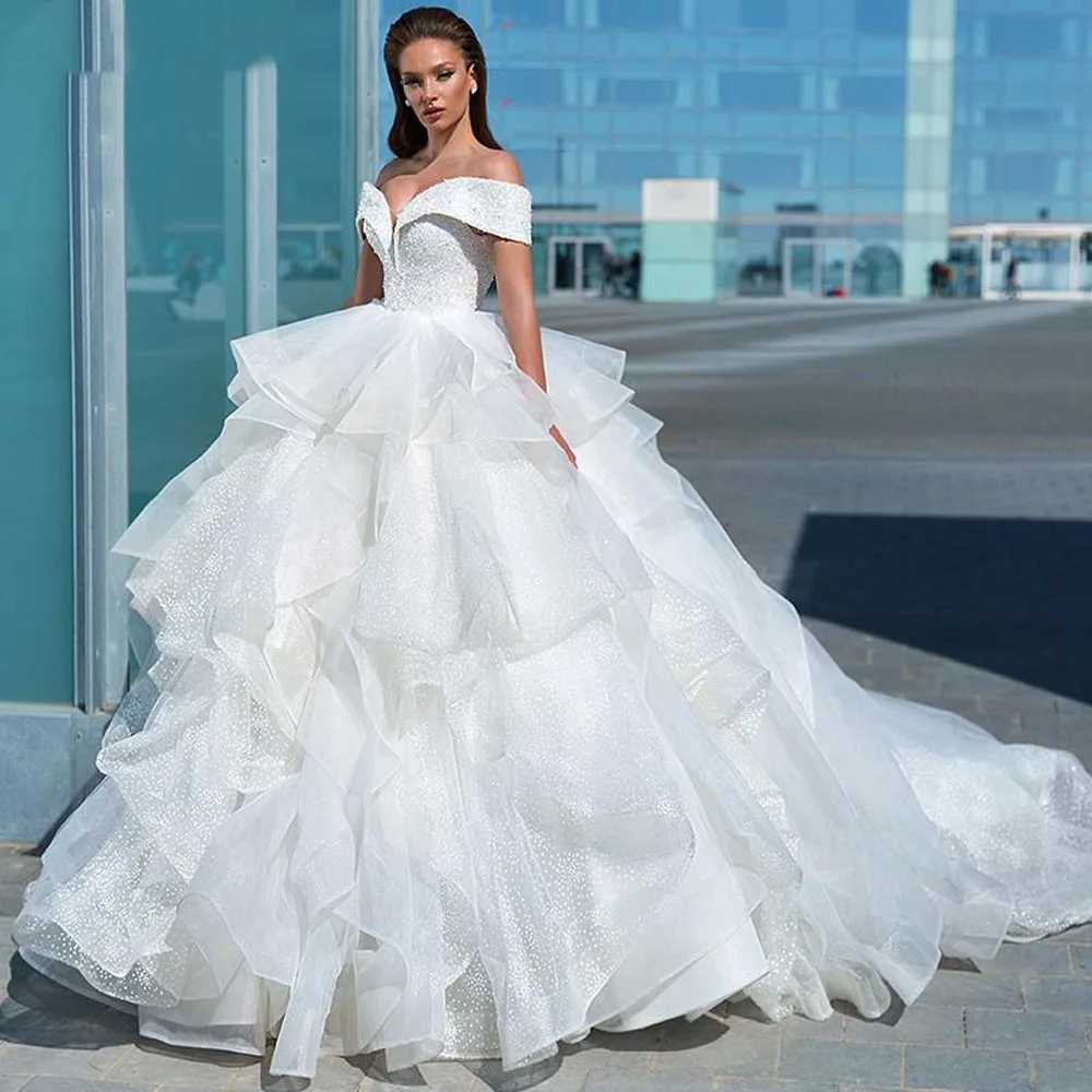 

Off the Shoulder Crystal Tiered Bridal Ball Gown Luxury Chapel Train Sweetheart Neck Zipper Back Wedding Dress for Women