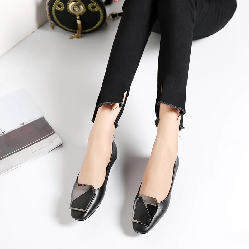 32-43 large blue round head cow leather women's shoes with metal decoration low heel thick heel women's shoes