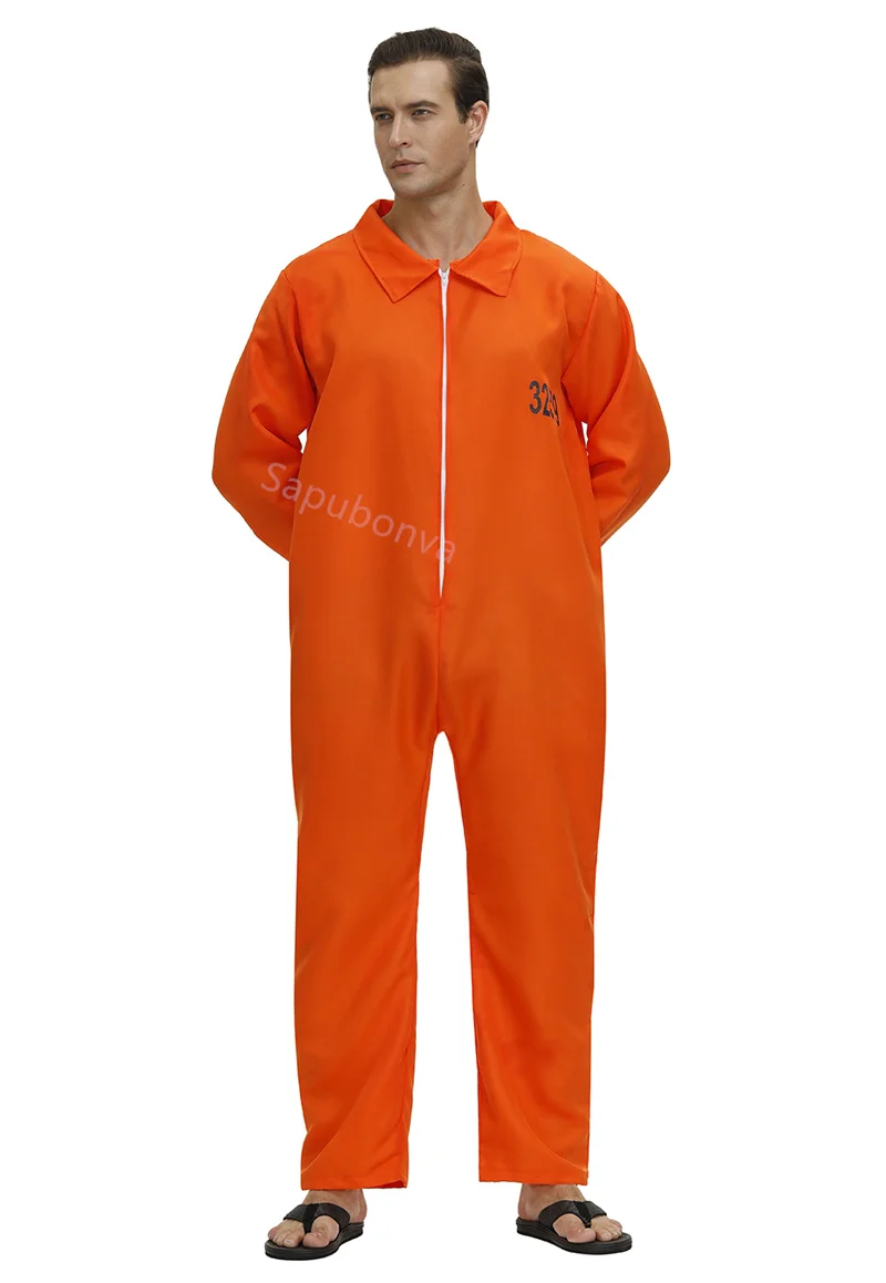 

Prisoner Costume Outfit Mens Women Halloween Orange Prison Jumpsuit Adult Jail Criminal Cosplay Fancy Orange