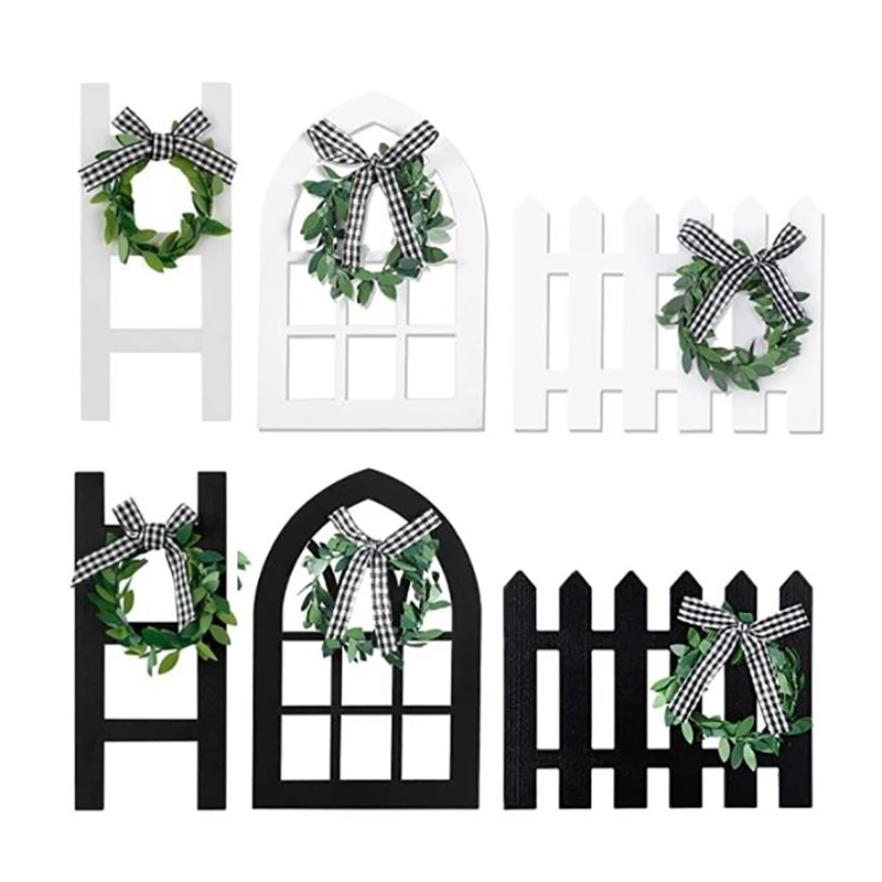 

Wooden Farmhouse Window Tiered Tray Decoration Farmhouse Decor,Window Sign Wooden Fence Shaped,Ladder Sign With Wreath