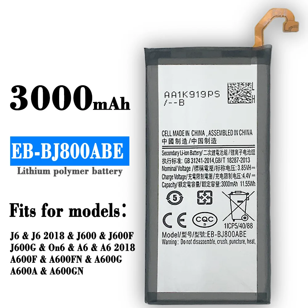 

Orginal Battery EB-BJ800ABE For Samsung Galaxy A6 (2018) 3000mAh SM-A600 A600F Galaxy J6 J600F 600G High Quality Batteria