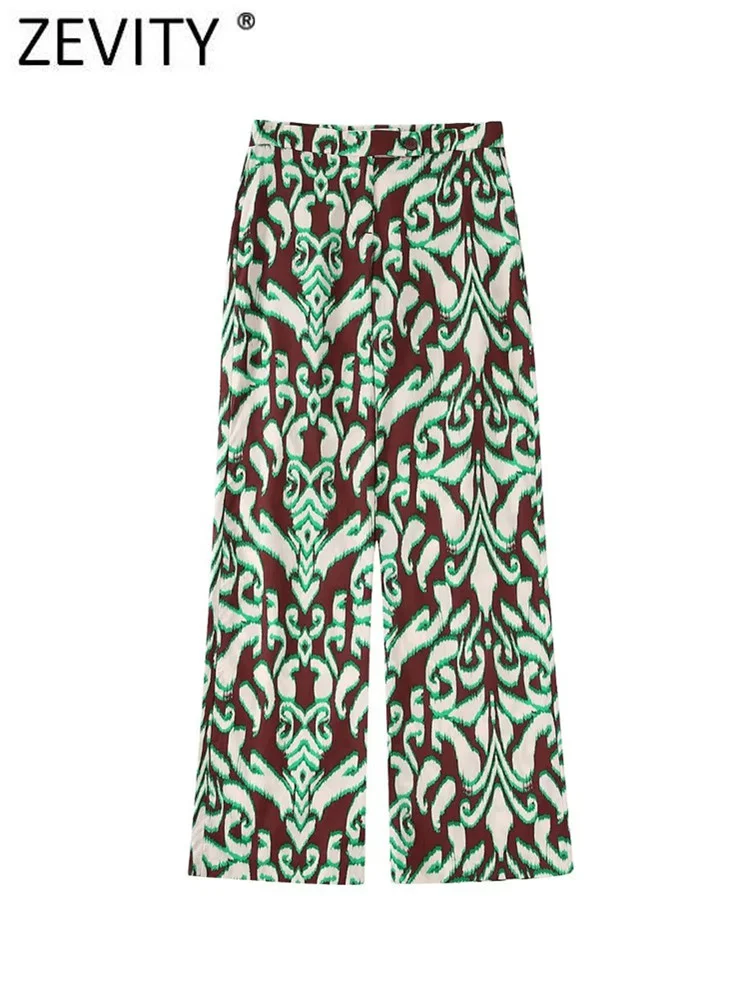 

Zevity Women Vintage Totem Leaves Print Casual Slim Straight Pants Female Chic Zipper Fly Long Trousers Pantalones Mujer P1924