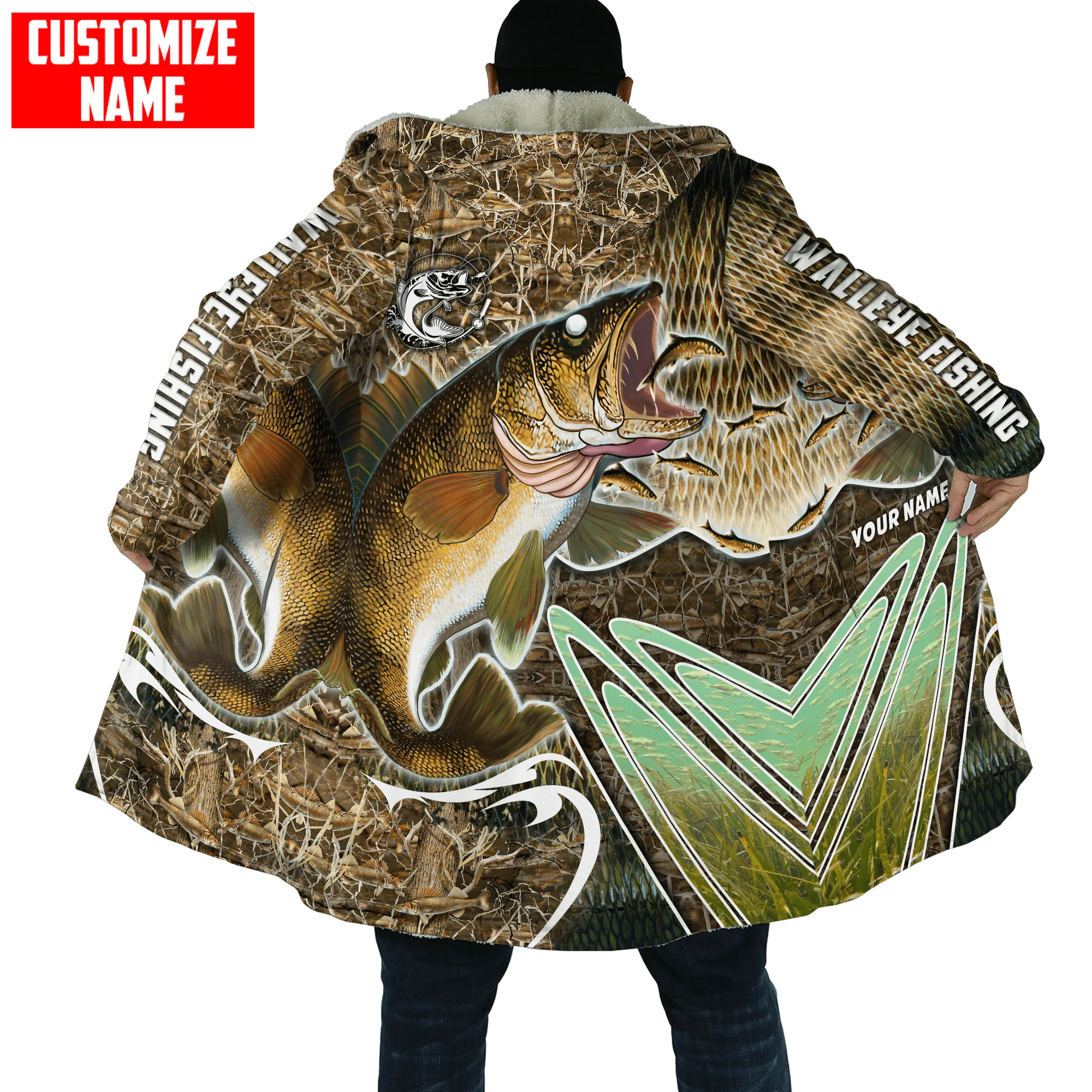 

Зимняя мужская накидка с индивидуальным названием, камуфляжная Толстая флисовая куртка с капюшоном и 3D-принтом для рыбалки форели, Повседневная теплая накидка унисекс