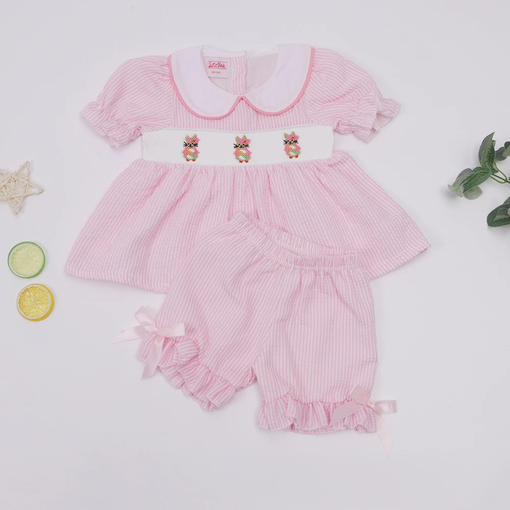 New Easter Smock Dress Sets Pink Princess Dress Baby Girls Clothes Outfits With Rabbits Hand Embroidery 2Pcs Suits For 1-8T Kids