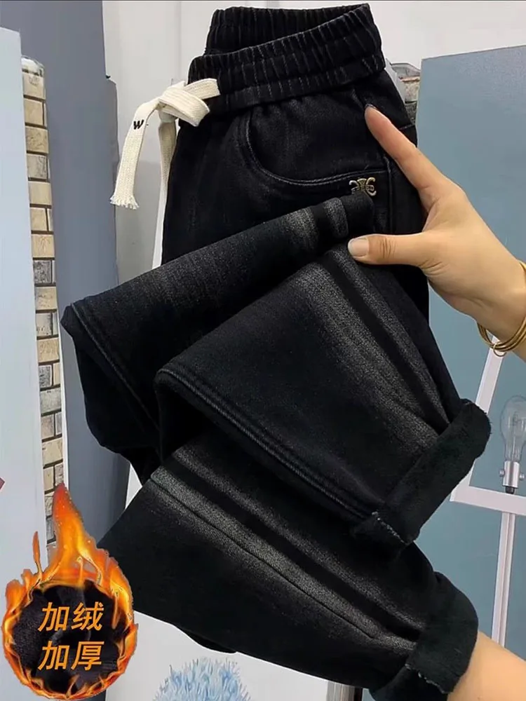 2023 зимние осенние флисовые теплые прямые джинсы с высокой талией большого