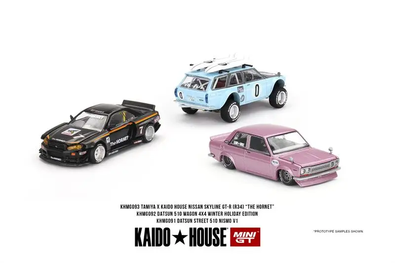 

PreSale Kaido House×MINI GT Datsun 510 V1 Pink/510 Wagon #0 Blue/Skyline R34 V1 #7 Die-Cast Car Model Collection Miniature