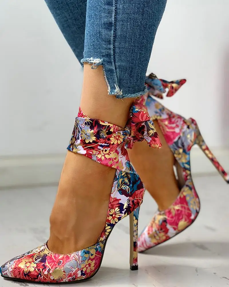 Women Fashion Sandals Pumps Point Toe Party Shoes Sexy Casual Floral Print Tied Ankle Thin Heels