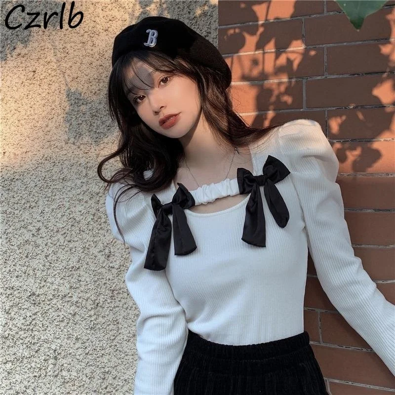 

Bows Pullovers Women Casual Slim Patchwork Elegant Korean Style Pull Femme Sweaters Harajuku All-match Knitwears Ropa Mujer New