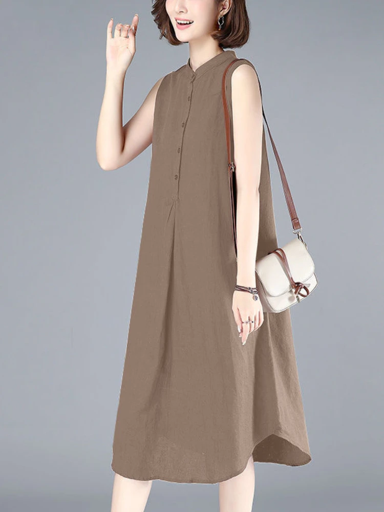 

Cotton Linen Dress Women's Spring Summer 2023 New Korean Version Loose Fashion Versatile Women's Sleeveless Solid Linen Dress