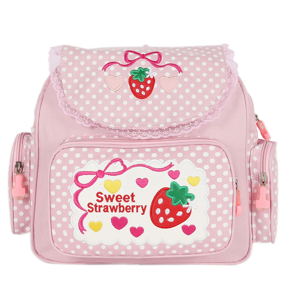 

Kawaii Outdoor Daypack Cute Strawberry Embroidery Travel Rucksack Dots Multi-Pocket Nylon Fashion College for Teenager Girl