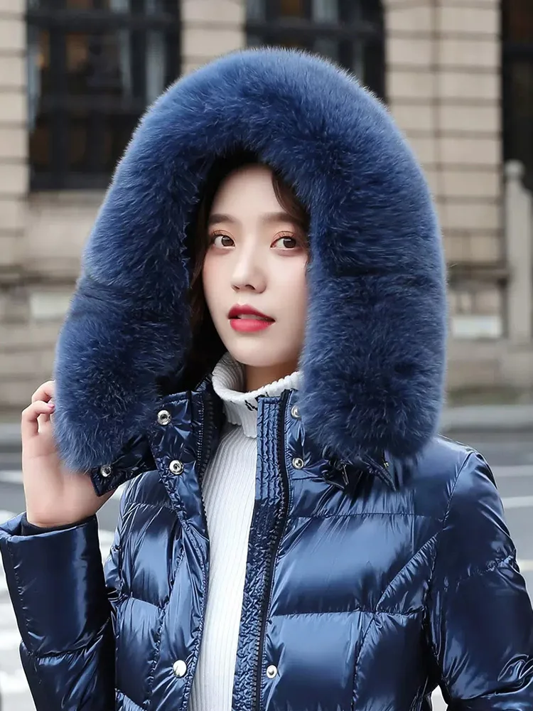 New Women Long Down Coat Winter Fashion Wash Free Glossy Surface Real Fox Fur Collar Thicken Down Jacket Strecth Belt Overcoat