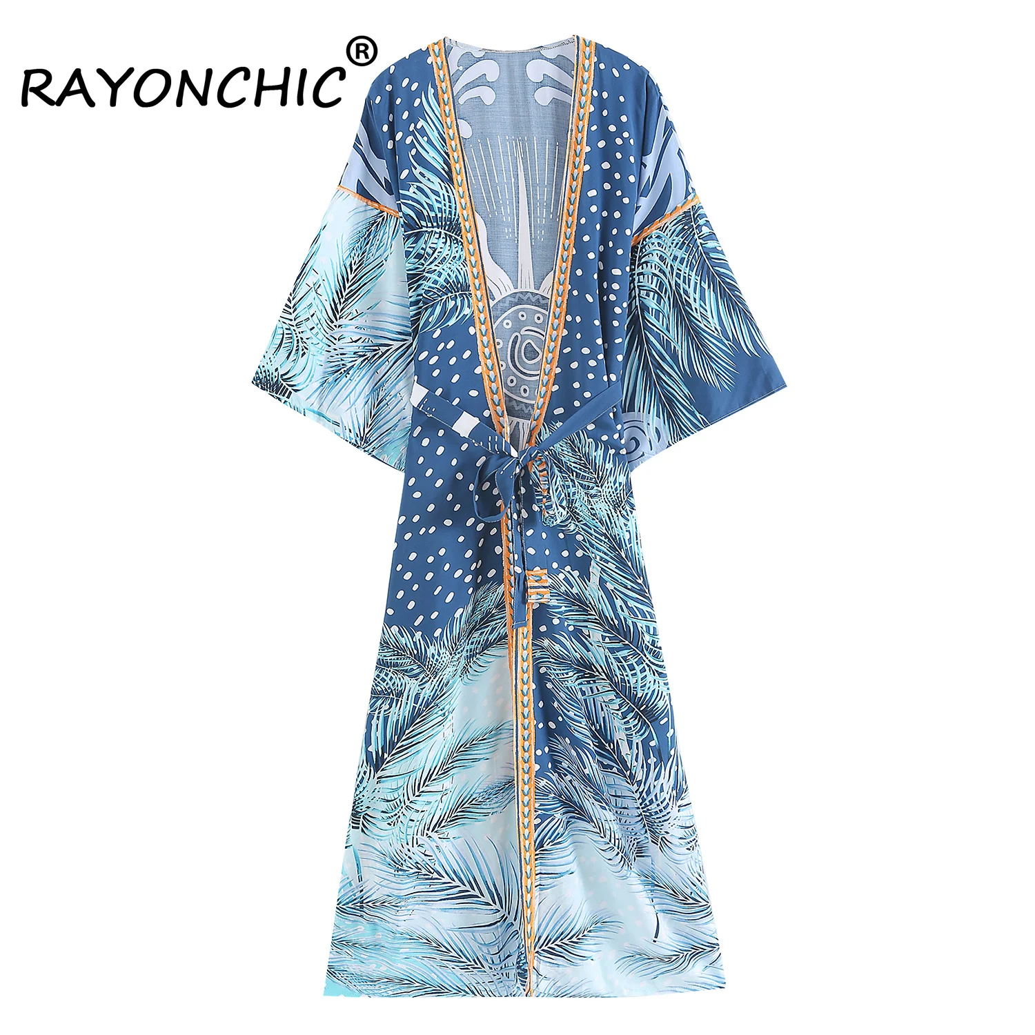 

RAYONCHIC Moon Print Kimono Rayon Floral Printed Bikini Cover Ups Feather Blue Robes Bathing Suit Summer Beach Cover-up Kimonos