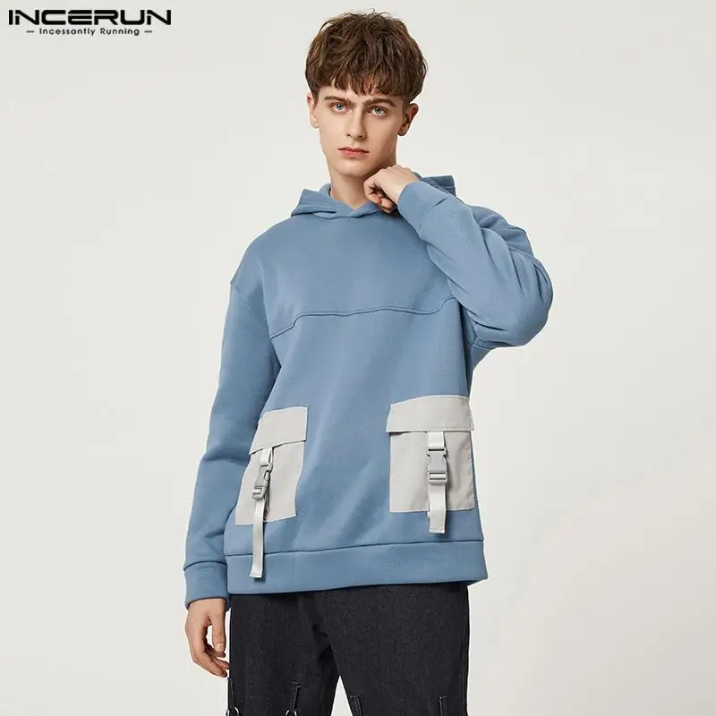 

2023 Men Hoodies Patchwork Pockets Hooed Long Sleeve Sweatshirts Spring Workout Loose Stylish Casual Pullovers Men 5XL INCERUN 7
