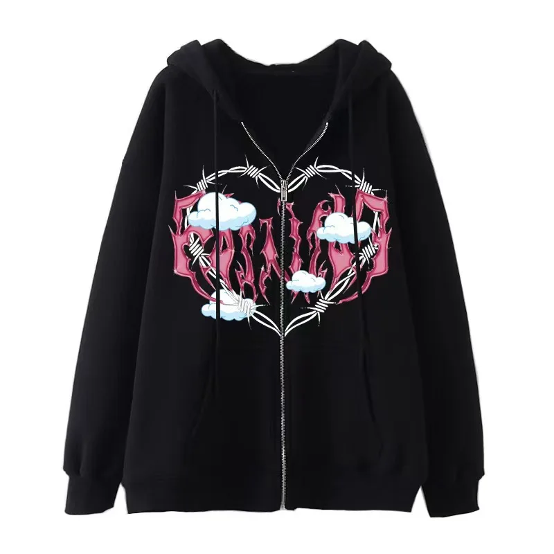 

2022 New Spot Straight Hair Autumn and Winter Fleece Ladies Long-sleeved Zipper Hoodie Heart-shaped Cloud Print Hoodie