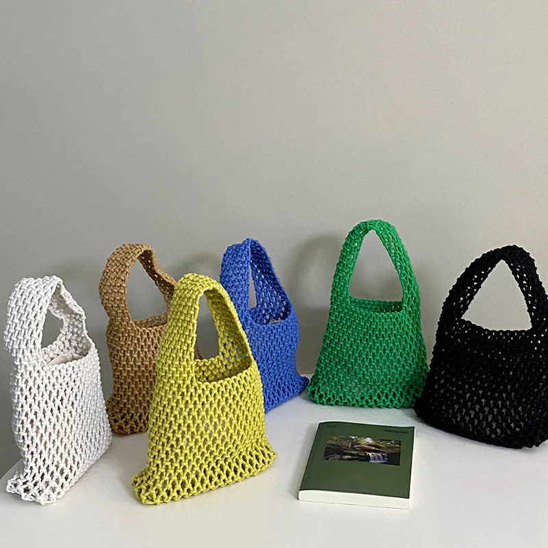 

Cotton Linen Woven Hollow Out Handbag For Women Simple Mesh Tote Summer Travel Beach Bag Female Shopping Bag 1PC Bolsa