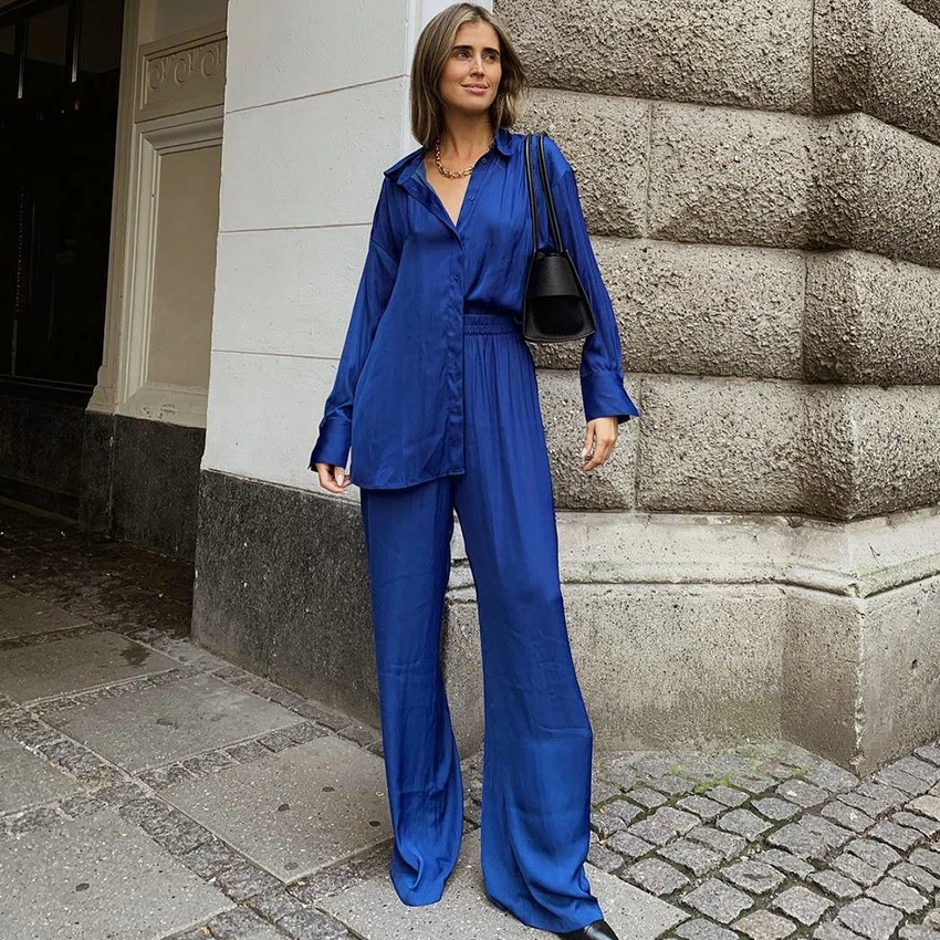 

Sleepwear satin European and American shirts high waist pants ice silk outer wear Women's pajamasClothes two piece set Home suit