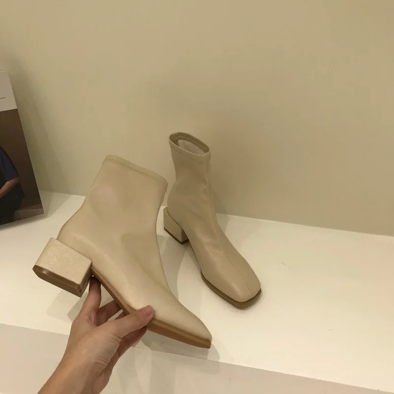 

Black beige nude boots women's autumn and winter new thick heel ankle boots square toe British style women's boots skinny boots