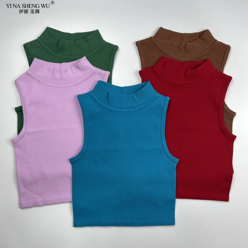 

Seamless Knitted Ribbed High Collar Sports Vest Full Wrap Vertical Stripes Running Fitness Yoga Clothing Tops Quick-drying Women