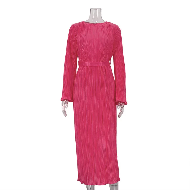 

Autumn Winter Women Pleated Dress Solid Round Neck Long Flare Sleeve Belted Elegant Lady Midi Dress