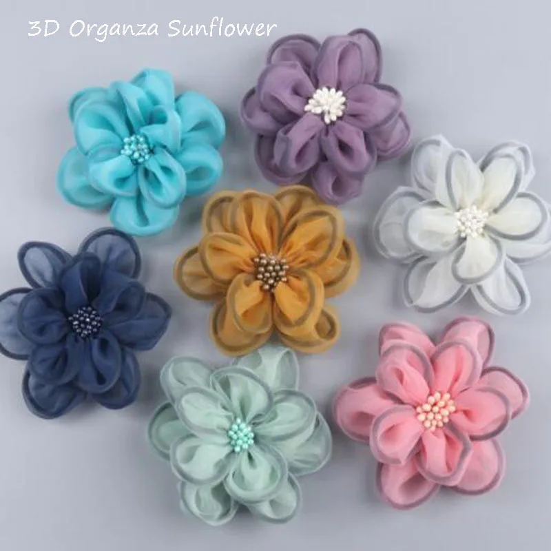 

3pcs Fashion 3D Five-petal Organza Sunflower flower patches DIY sewing applique cloth dress wedding Hairpin headdress decor