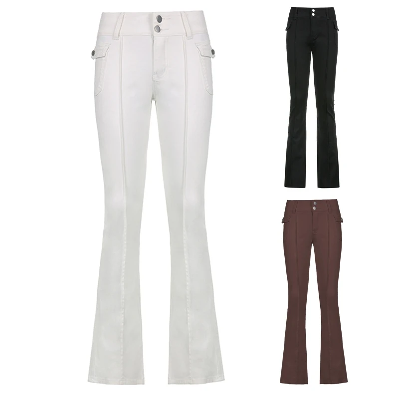 

Women Sexy Low Waist Flare Pants Harajuku Striped Solid Color Vintage Side Flap Pockets Double Buttons Zip Fly Skinny Long 10CE