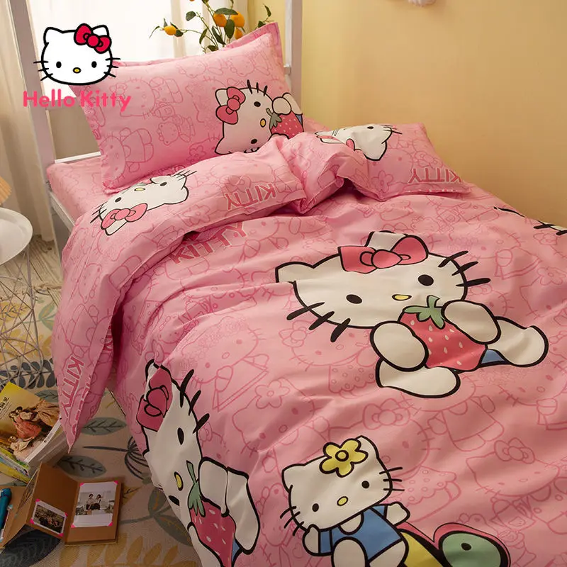 Hello kitty Cartoon Cute Student Dormitory Three-piece Bed Sheet Girl Heart Quilt Cover