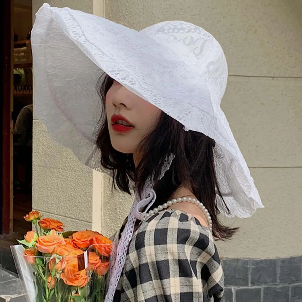 

Шляпа Женская кружевная с широкими полями, однотонная воздухопроницаемая Панама от солнца, с защитой от ультрафиолетовых лучей, белого цве...