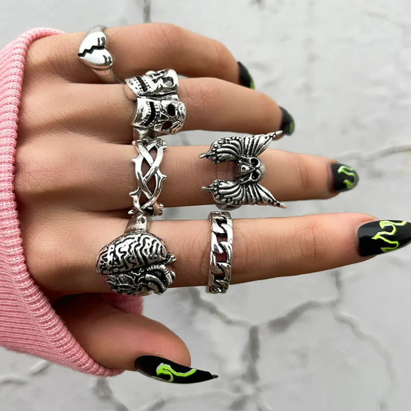 

2023 New Punk Vintage Silver Color Skull Hollow Ring Set for Men Women Jewelry Hip Hop Party Street Ring Accessories New Gift
