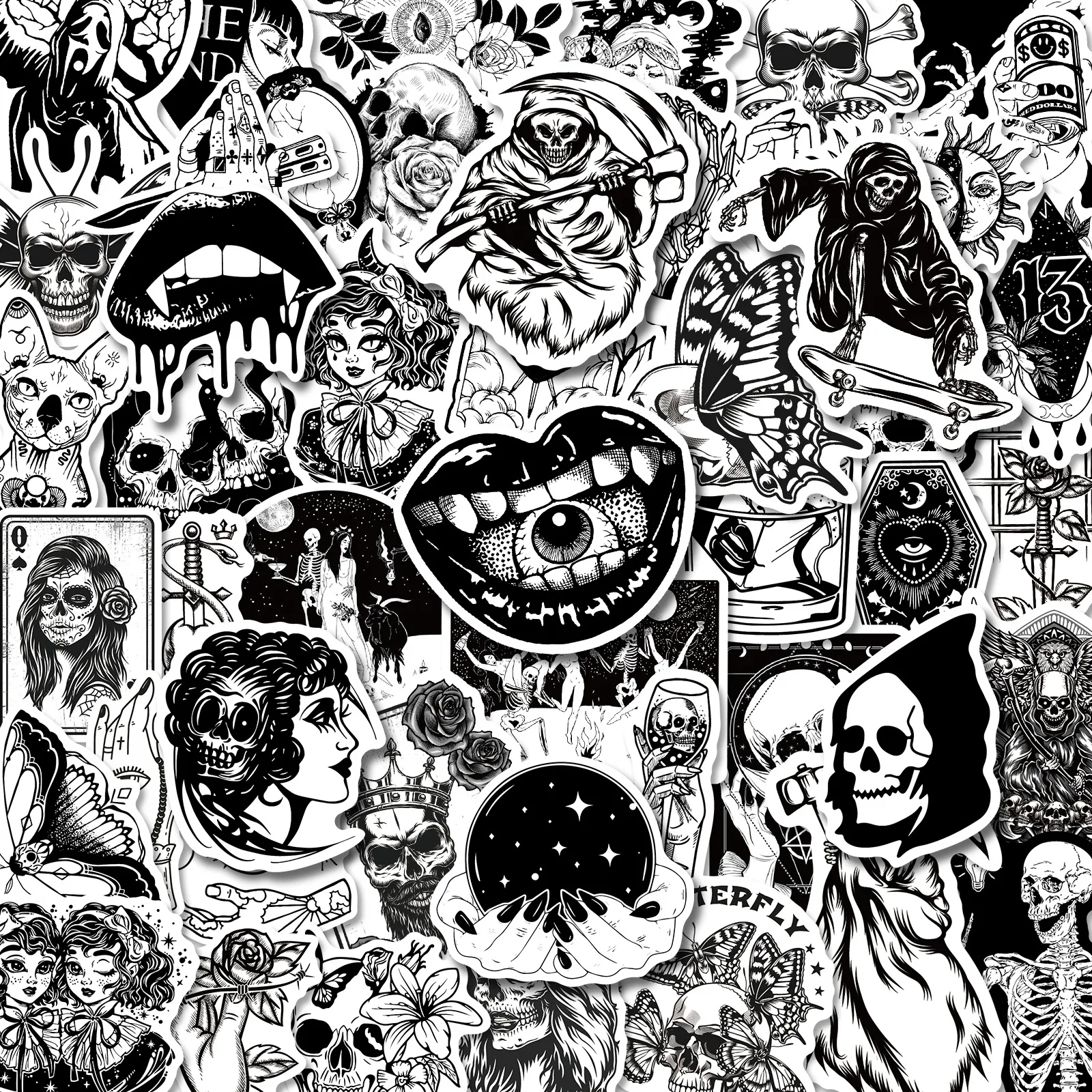 

50PCS Black White Horror Witch Sticky Graffiti Sticker Aesthetic DIY Decorative Sketchbook Scrapbooking PVC Accessories for Kids