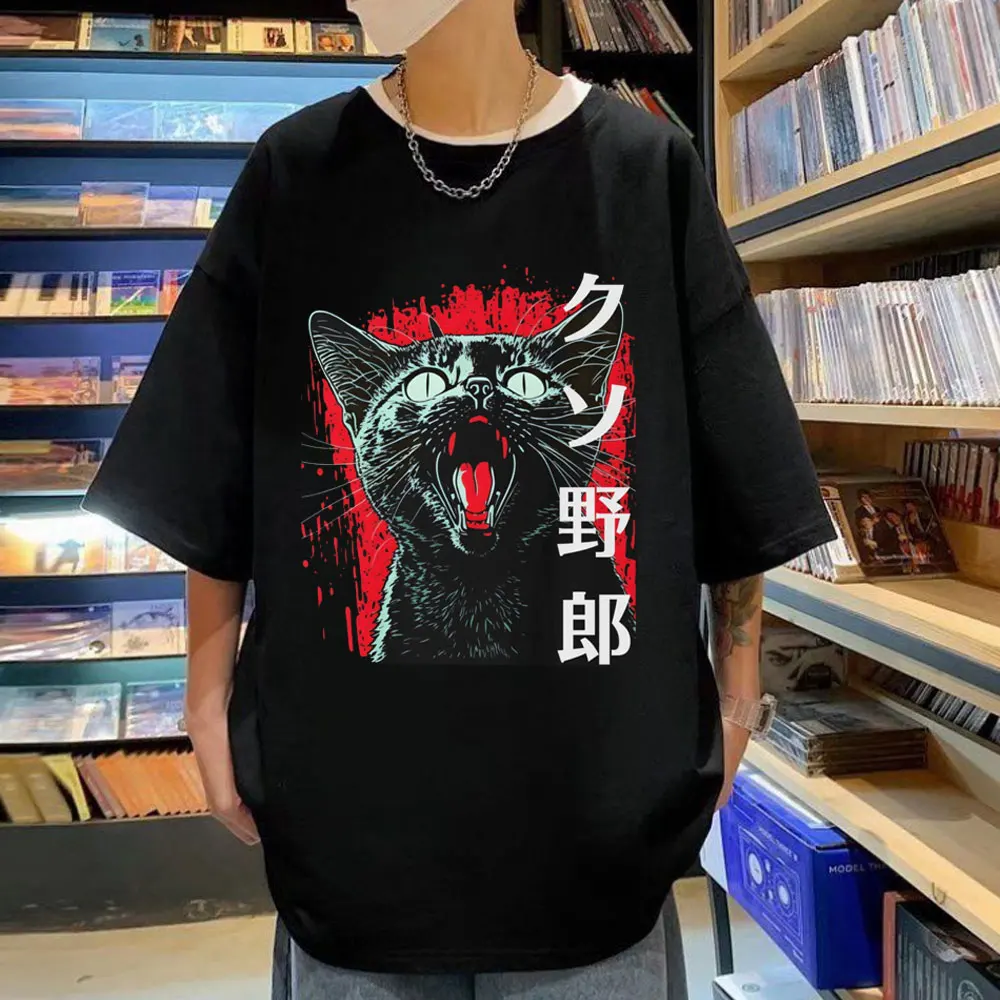 

Funny Japan Kitten Cat Horror Print T Shirt Men Women Gothic Fashion Oversized T-shirt Summer Street Casual Pure Cotton T-shirts