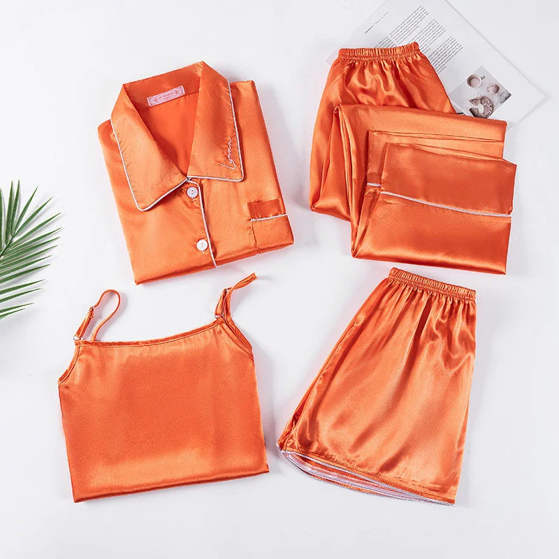 Women's Pajamas Set Full Sleeve T-shirt Long Pants 4Piece/Set Sexy Rayon Silk Pyjama Mom Homewear Cozy Plus Size Loose Sleepwear