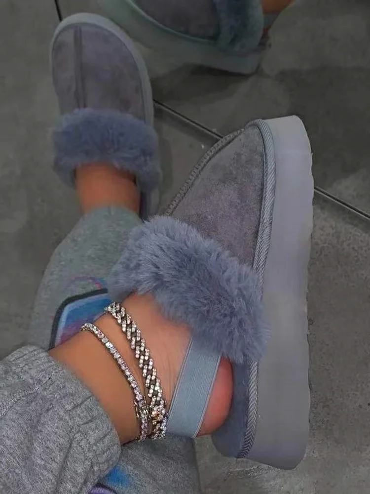 Women Slippers Platform Slides Faux Fur Fluffy Winter Short Plush Pink Color Open Toe Fuzzy Cozy Bedroom Home Furry Slippers