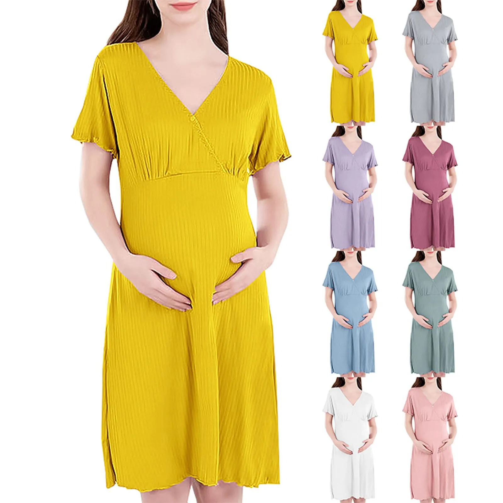 

Maternity Dress Summer Ruffle Sleeves Side Ruched Baby Shower Pregnancy Dresses Photo Shoot Clothes For Pregnant Women