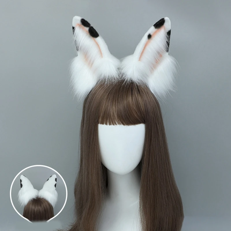 

H9ED Plush Bunny Tail Fox Ears Headband Set White Pom Pom Costume Rabbit Tail Easter Masquerade Halloween Party Cosplay Props