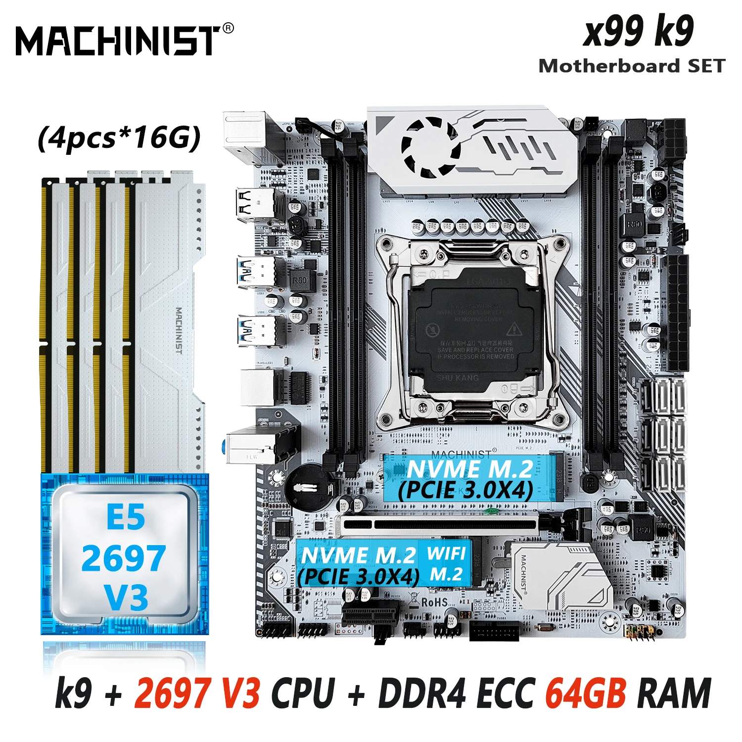 MACHINIST K9 v2 X99 комплект материнской платы LGA2011-3 Kit Xeon E5 2697 V3 процессор с 4X16 = 64 Гб DDR4 ECC Ram память SSD Nvme M.2