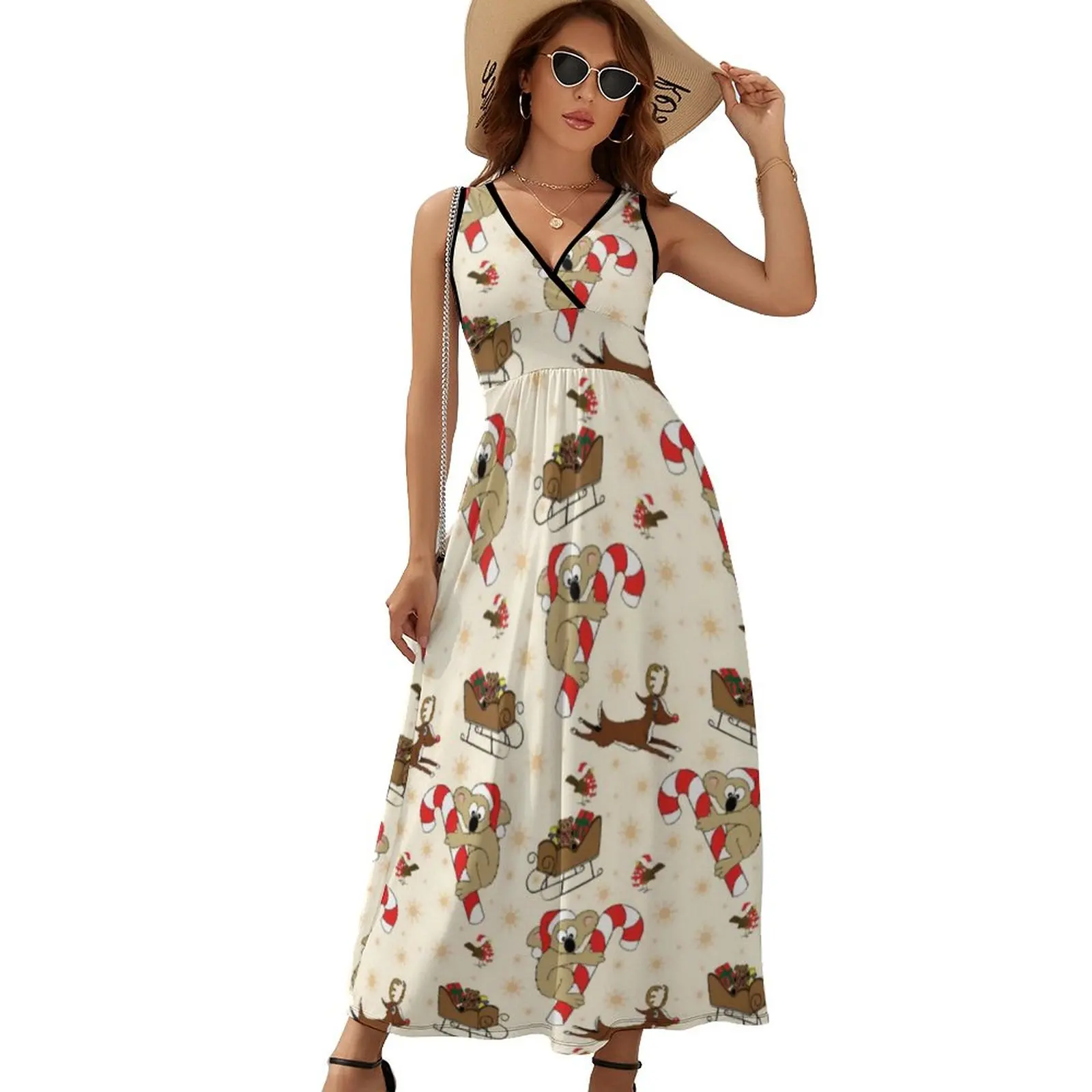 

Cute Santa Sloths Dress Happy Holidays Sexy Maxi Dress Street Style Boho Beach Long Dresses Summer Women V Neck Print Vestido