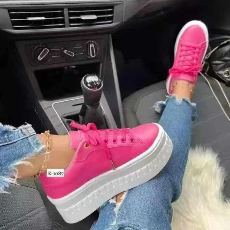 Fashion Pu Leather Round Head Platform Sports Lace-up Walking Ladies Vulcanize Shoes Height Increasing
