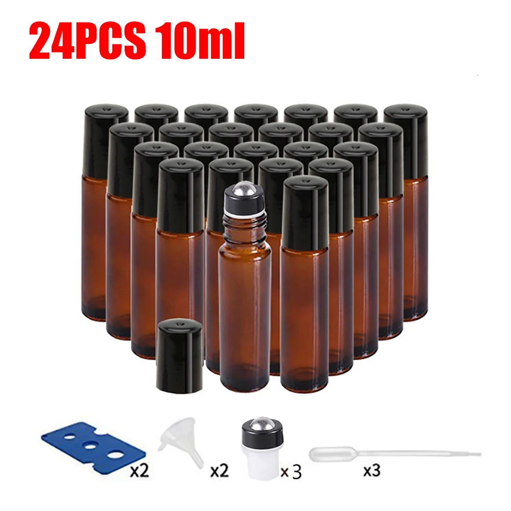

24PCS 10ml Amber Glass Roller Bottles Refillable Vials Perfume Aromatherapy Essential Oils Bottles Storage Jars Test Sub-Bottle