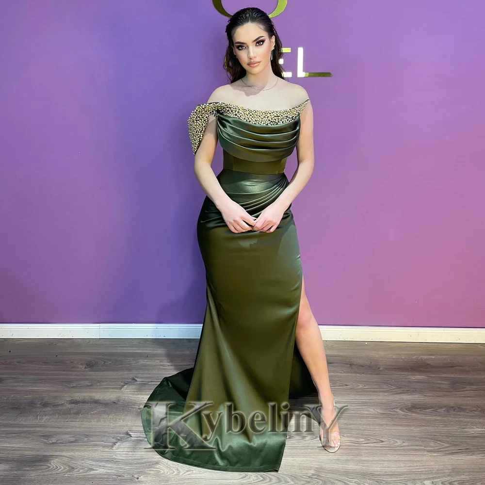 

Kybeliny Stylish Beaded Prom Dresses For Woman 2024 Mermaid Slit Satin Evening Gowns Vestidos De Fiesta Party Made To Order