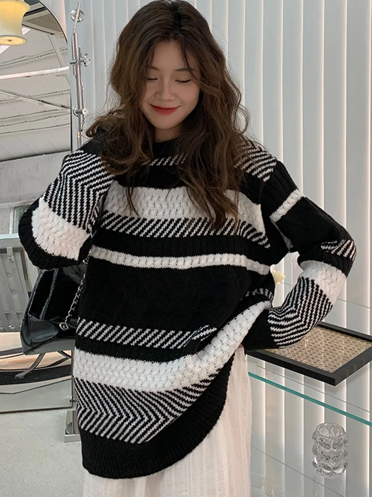 

Женский трикотажный свитер в полоску, Повседневный пуловер оверсайз с длинным рукавом, Осень-зима