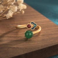 hot china style simple retro copper gold plated natural chalcedony enamel color auspicious cloud ring opening adjustable rings