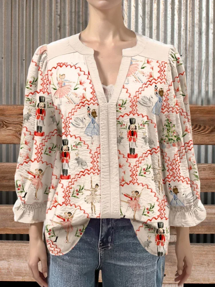 

Elegant Puff Sleeve Nutcracker Print Top Nutcracker Squad Blouses Casual V Neck T-shirt, Women's Cartoon Shirts