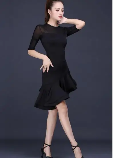 

1pcs/lot woman solid latin dress female casual ruffles performance dress Ballroom tango Cha Cha Rumba Costumes 2colors