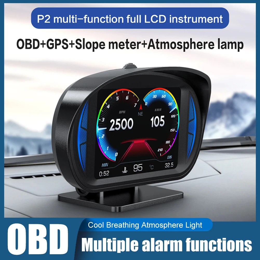 

P2 HUD Dual System Car Head-Up Display Turbo Brake Test Car OBD2 GPS Speedometer With Slope Tilt Meter Overspeed Security Alarm