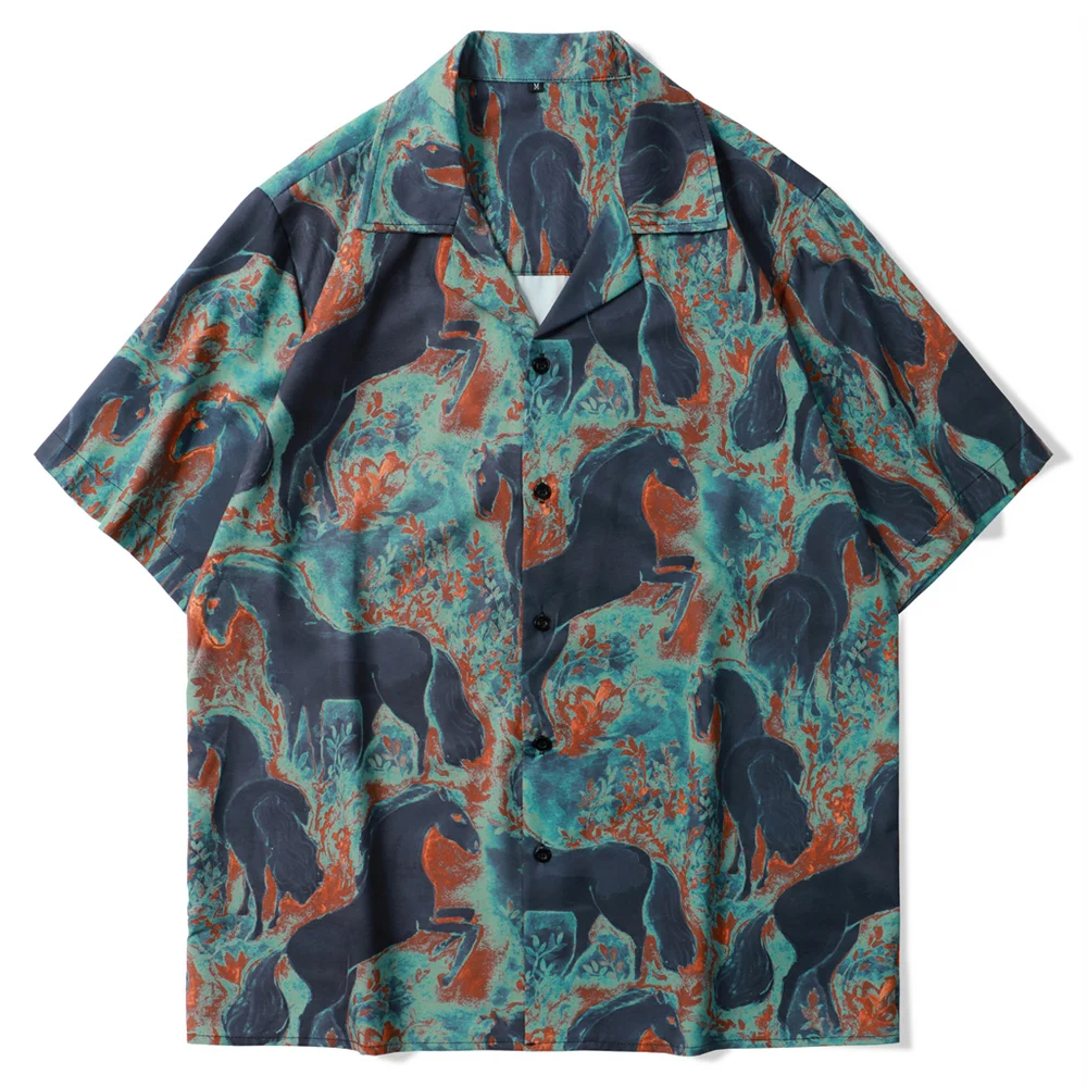 

Mens Lapel Short Sleeve Shirt Retro Oil Painting Shirt Fashion Vacation Casual Hawaiian Shirt Male Cuban Lazy Cozy Shirt