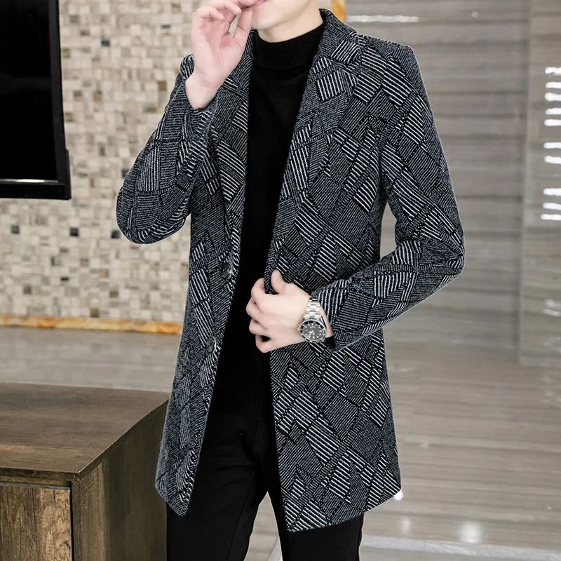 Autumn Winter Fashion Wool Blends Jacket Men Slim Long Casual Business Trench Windbreaker Social Streetwear Overcoat Clothing